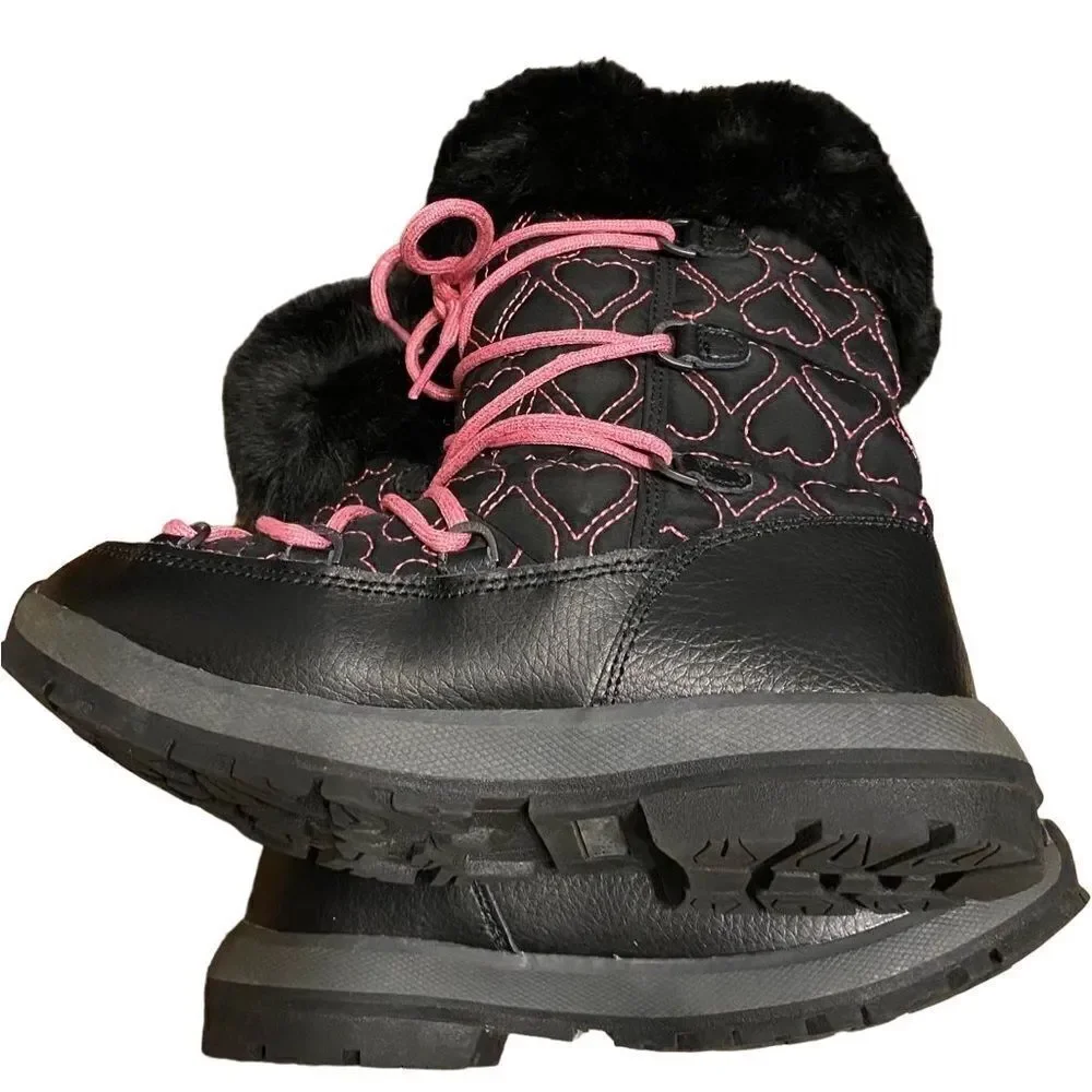 BEARPAW Meredith Girls Pink Black Heart Waterproof Snow Boots Youth 5 faux fur